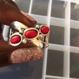 Red and silver stretch band ring